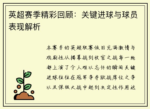 英超赛季精彩回顾：关键进球与球员表现解析